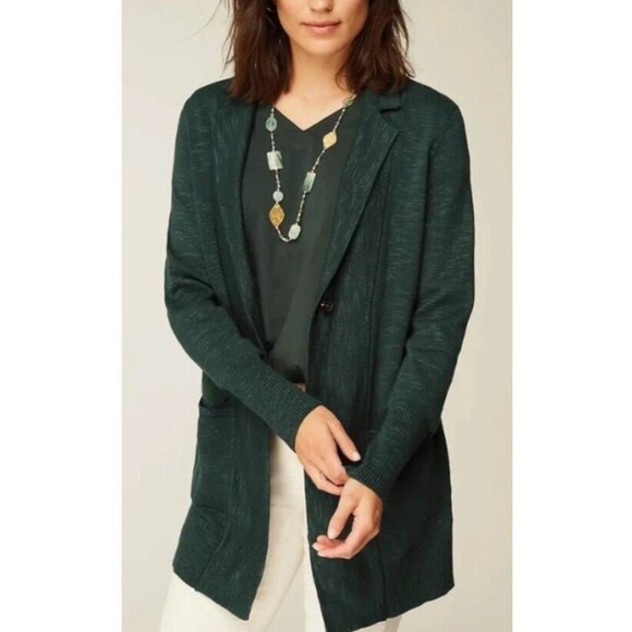 J Jill Sweater Size Medium Forest Green Cotton Knit Long Cardigan Pockets - Picture 2 of 13